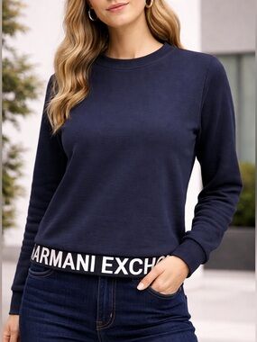 Armani Exchange A|X Logo Sweatshirt Blue Crewneck‎ Pullover Cotton Blend Medium